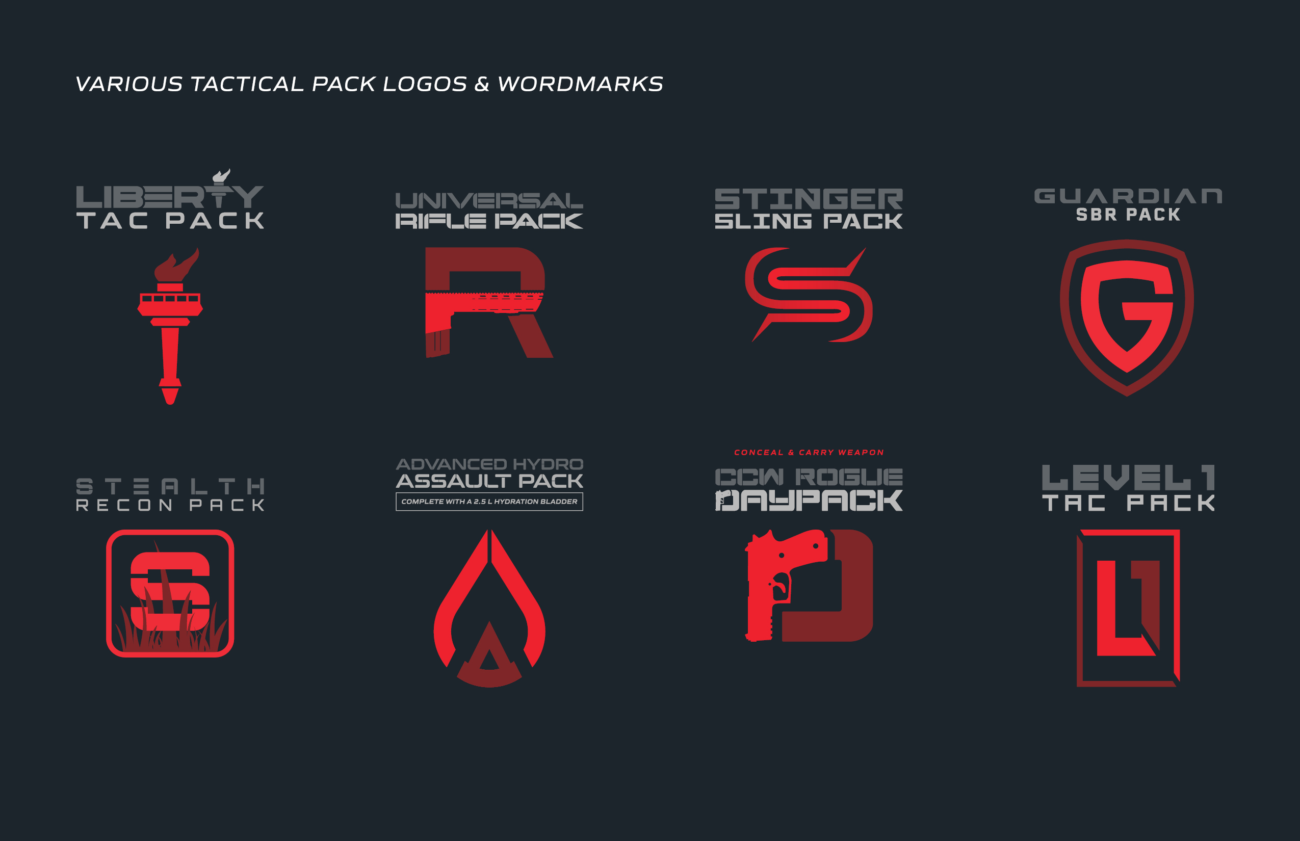 Various Fox Tactical Pack logos and wordmarks.