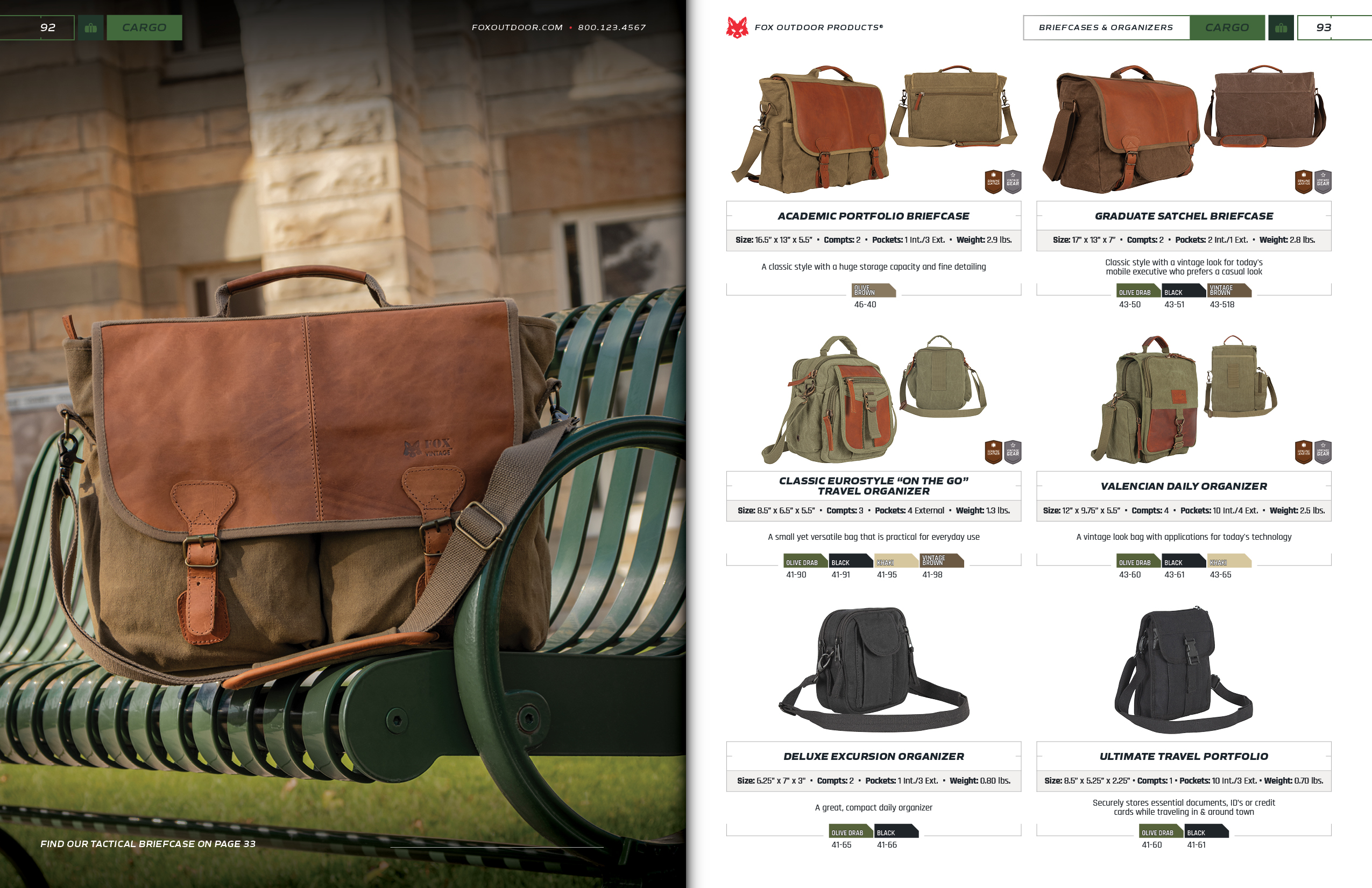 Cargo Briefcases and Organizers spread of the 2024 Fox Outdoor Products Catalog.