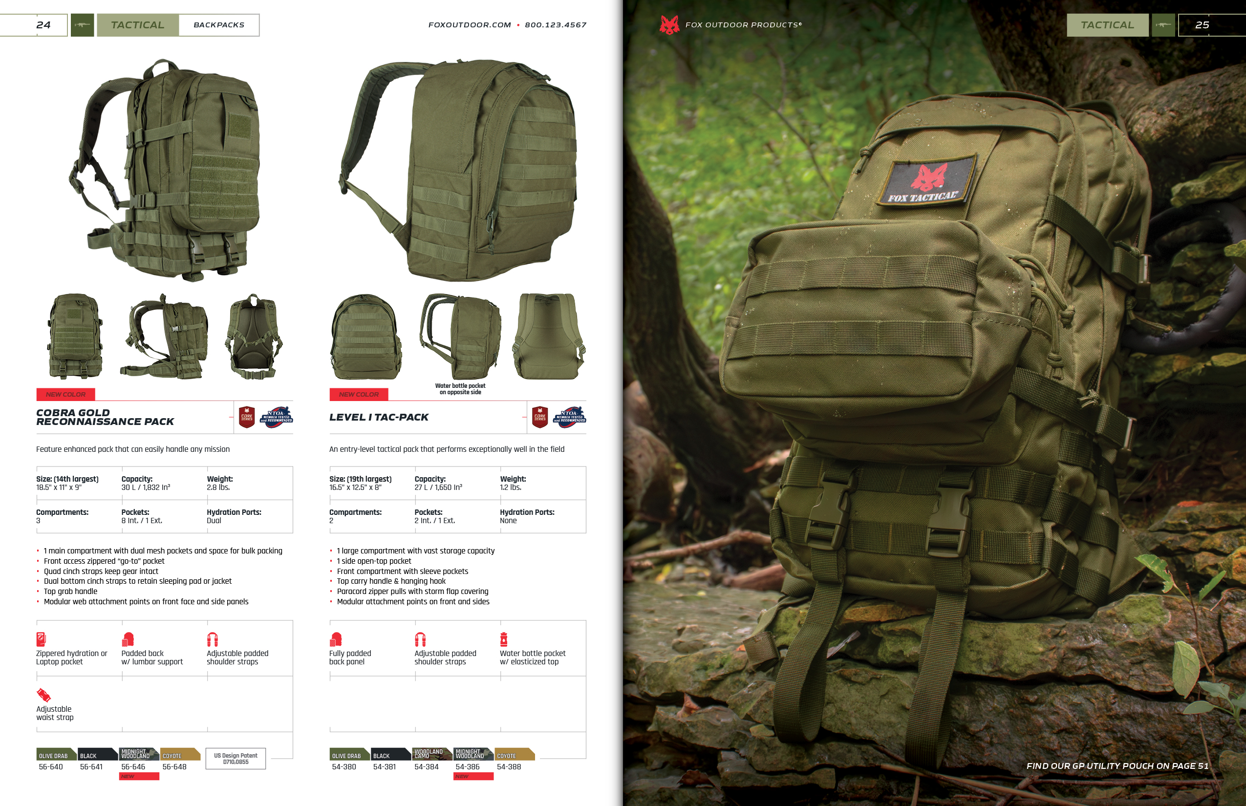Tactical backpack spread of the 2024 Fox Outdoor Products Catalog.