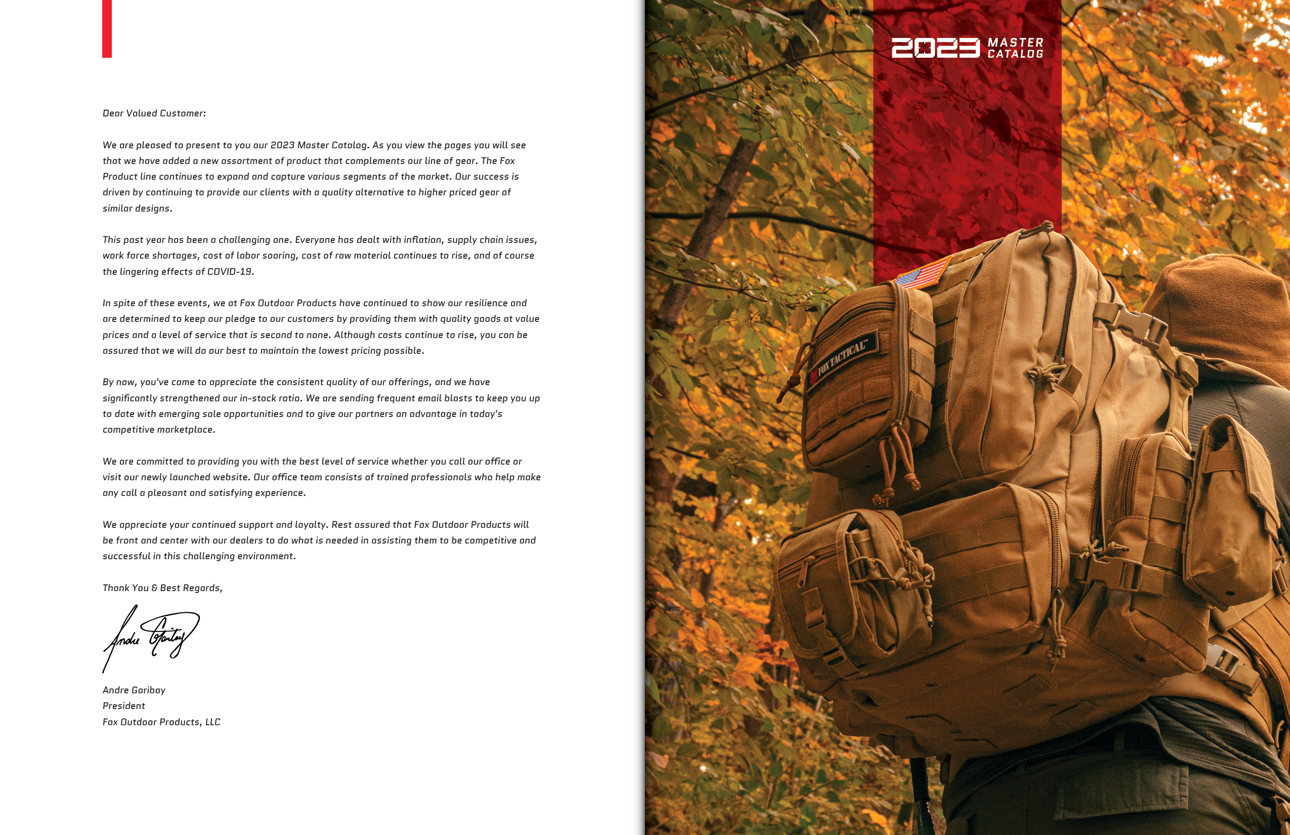 Introduction letter spread to customers of the 2023 Fox Outdoor Products Catalog.