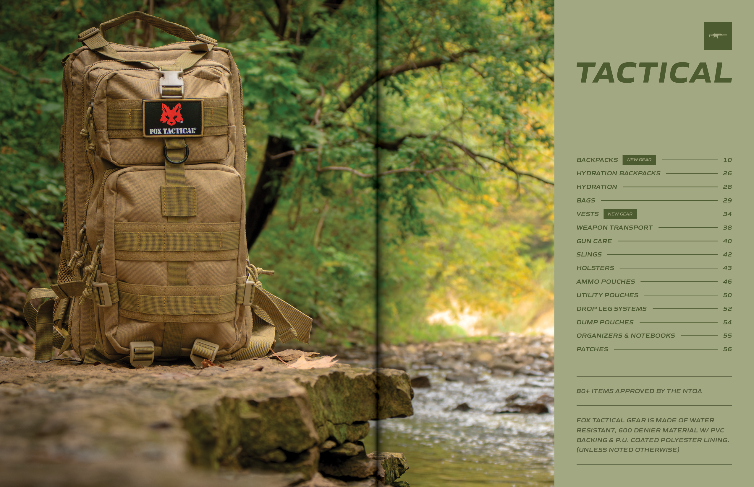 Tactical section contents spread of the 2024 Fox Outdoor Products Catalog.